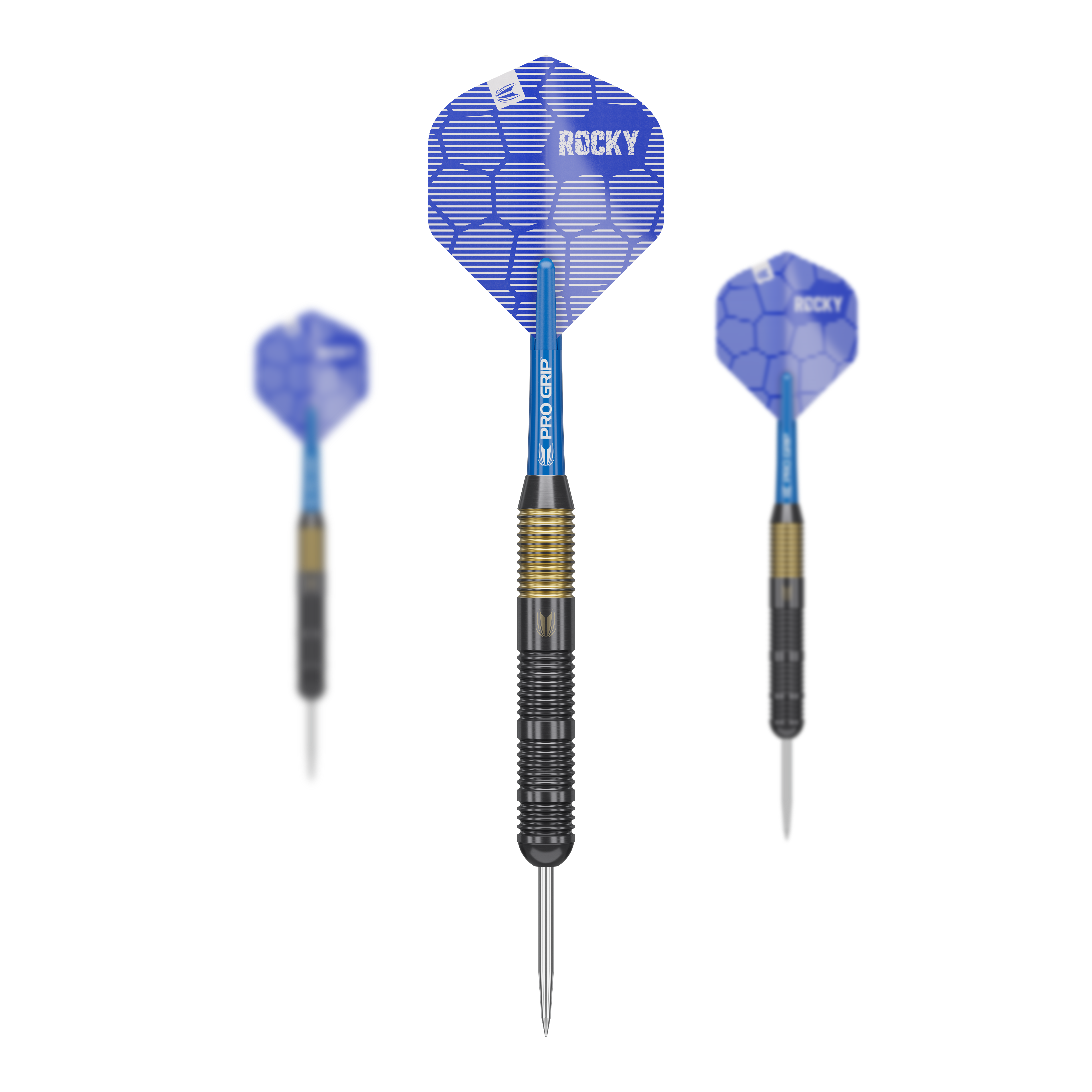 Das Bild zeigt drei Target Josh Rock Brass Steeldarts mit einem Gewicht von 22g. Die Darts haben blaue Flights mit dem Aufdruck „ROCKY“ und einen schwarz-goldenen Griffbereich.